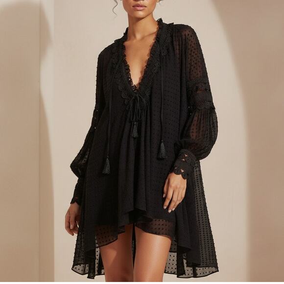 Shona Joy Dresses & Skirts - SHONA JOY Black swiss dot sheer Mini Dress Lace trim size 8 US